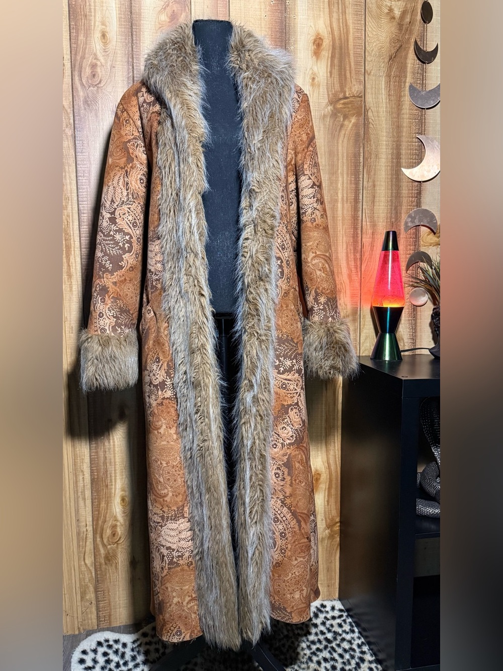Newport News Brown Paisley Teddy Coat with Faux Fur Trim - Picture 5 of 14